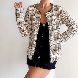 Cream & black plaid tweed metallic fringe blazer cardigan | Size XL